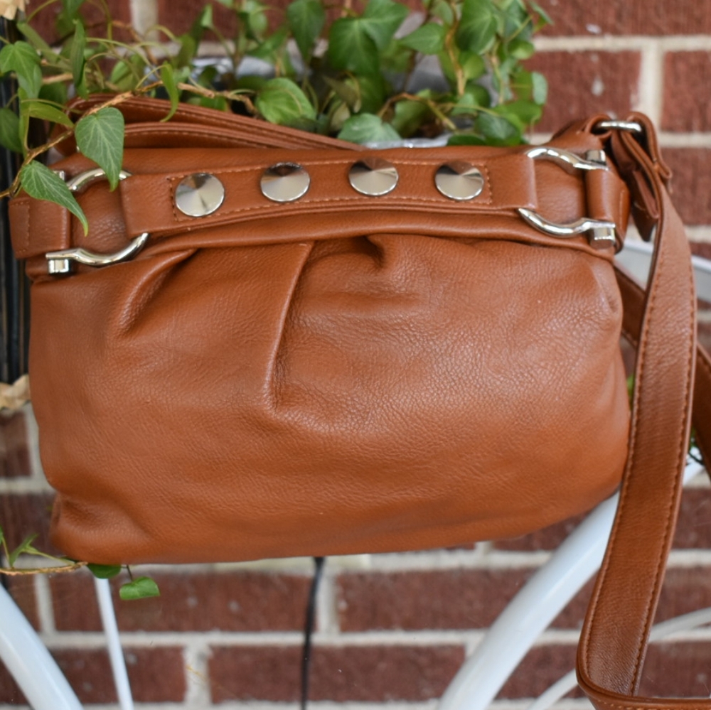 Brown with metal studs cross body bag